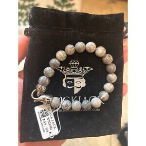 Blackjack BJB244BJ Men’s 10mm Gray Jasper Stainless Steel Beaded Bracelet NWT
